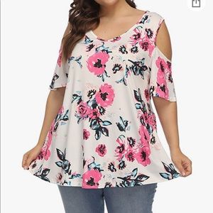 ALLEGRACE Women's Plus Size Floral Tunic Top Short Sleeve V Neck Size 2X